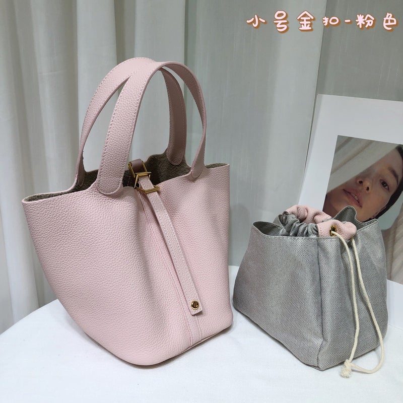 Top Layer Cowhide Vegetable Basket Bag Leather Bucket Bag Commuter Fashion Lock Handbag For Women - Image 1