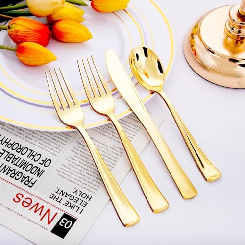 NOCCUR 400PCS Gold Plastic Silverware - Gold Plastic Cutlery Include 200 Forks, 100 Spoons, 100 Knives, Disposable Silverware Perfect for Party&Daily Using - Image 5