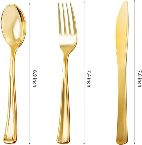 NOCCUR 400PCS Gold Plastic Silverware - Gold Plastic Cutlery Include 200 Forks, 100 Spoons, 100 Knives, Disposable Silverware Perfect for Party&Daily Using - Image 2