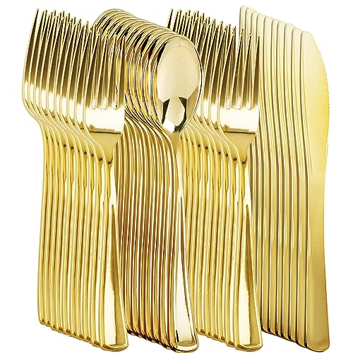 NOCCUR 400PCS Gold Plastic Silverware - Gold Plastic Cutlery Include 200 Forks, 100 Spoons, 100 Knives, Disposable Silverware Perfect for Party&Daily Using - Image 1