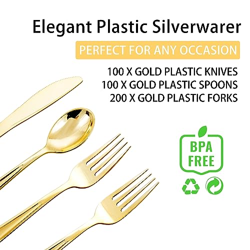 NOCCUR 400PCS Gold Plastic Silverware - Gold Plastic Cutlery Include 200 Forks, 100 Spoons, 100 Knives, Disposable Silverware Perfect for Party&Daily Using - Image 3
