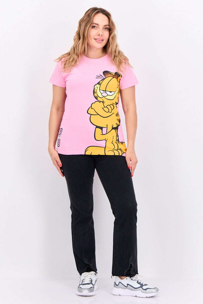 nickelodeon تي شيرت نسائي بأكمام قصيرة وياقة دائرية من غارفيلد، وردي - Image 2