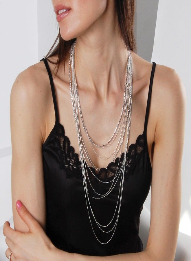 هامبل شيك نيويورك قلادة أنيقة وبسيطة مرصعة بأحجار الراين للنساء - قلادة فضية اللون طويلة متعددة الطبقات للنساء، سلسلة لامعة من الماس الصناعي، مجوهرات عصرية مميزة، لون فضي - Image 4