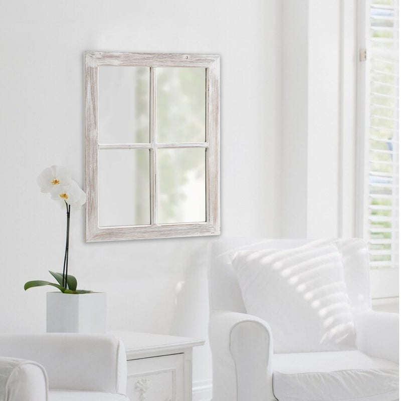 Sintosin Farmhouse Window Pane Mirror Wall Decor 18 X 23 Inch, Hanging Washed White Rectangle Faux Window Mirrors, Handmade Rustic Wood Framed Windowpane Mirror for Kitchen, Horizontal or Vertical - Image 5