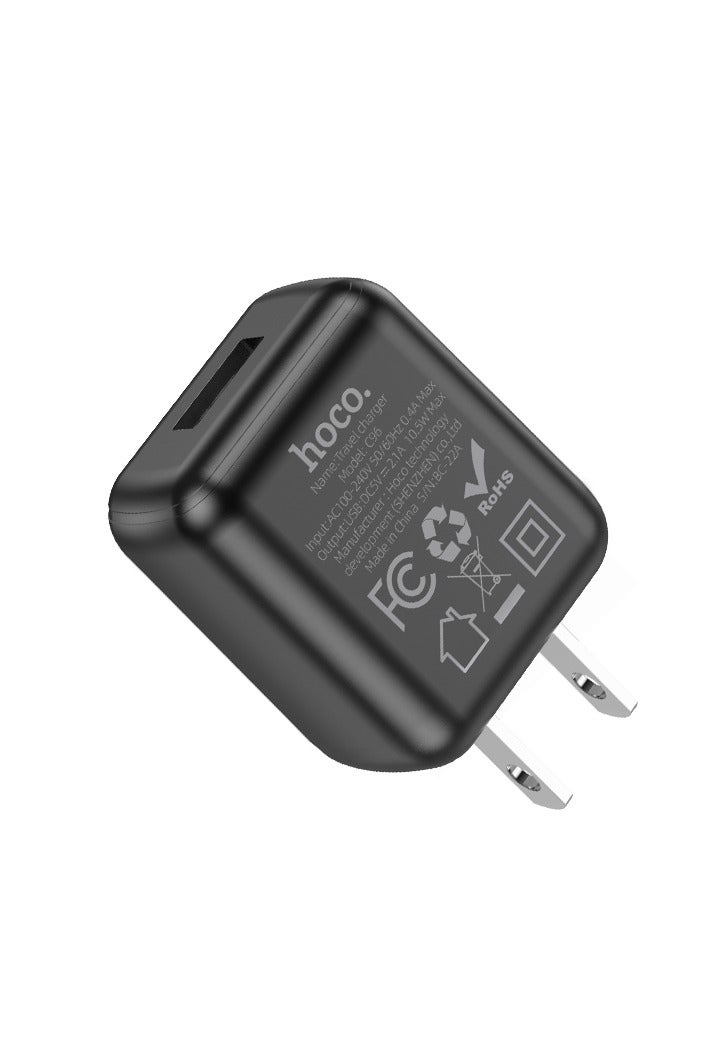 Hoco C96 Wall charger Single Port ( 5V/2.1A ) US Plug Protocols Compatible with iPhone Samsung Xiaomi Oppo Huawei - Black - Image 3