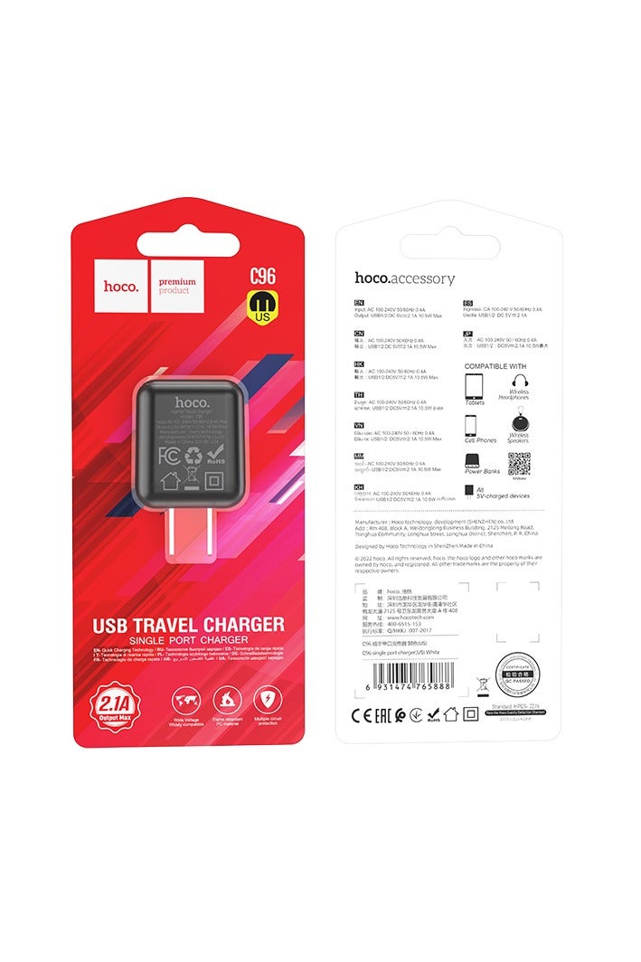 Hoco C96 Wall charger Single Port ( 5V/2.1A ) US Plug Protocols Compatible with iPhone Samsung Xiaomi Oppo Huawei - Black - Image 4