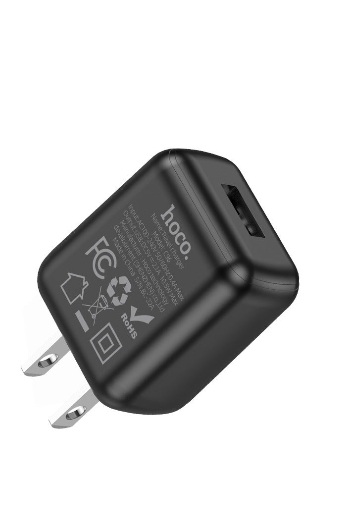 Hoco C96 Wall charger Single Port ( 5V/2.1A ) US Plug Protocols Compatible with iPhone Samsung Xiaomi Oppo Huawei - Black - Image 1