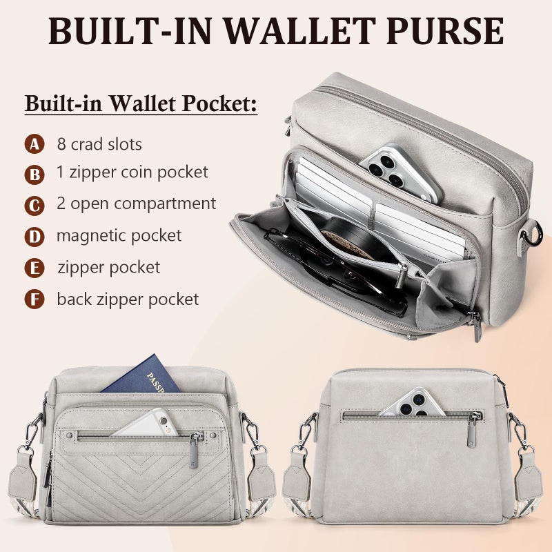 RAINSMORE Crossbody Bags for Women, PU Leather Crossbody Purse with Multi Pockets, Quilted Womens Crossbody Shoulder Handbags with Built in Wallet for Travel Shopping, Grey - Image 3