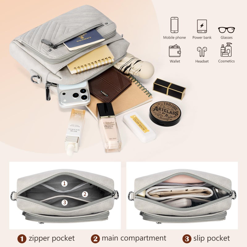 RAINSMORE Crossbody Bags for Women, PU Leather Crossbody Purse with Multi Pockets, Quilted Womens Crossbody Shoulder Handbags with Built in Wallet for Travel Shopping, Grey - Image 4