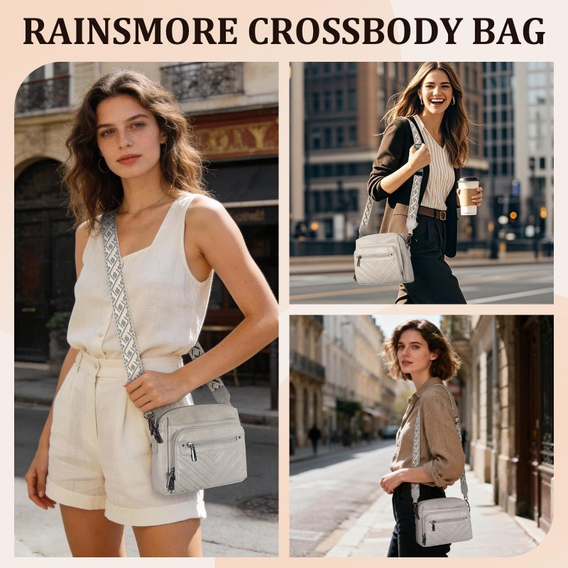 RAINSMORE Crossbody Bags for Women, PU Leather Crossbody Purse with Multi Pockets, Quilted Womens Crossbody Shoulder Handbags with Built in Wallet for Travel Shopping, Grey - Image 2