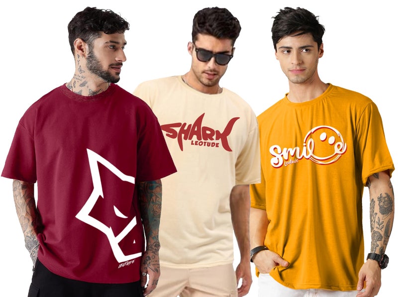 LEOTUDE Men's Oversized Half Sleeve Round Neck T-Shirt (PO3_FS49_Wolf_MSTD_Smile_Shark_P_Multicolor6_XXL) - Image 1
