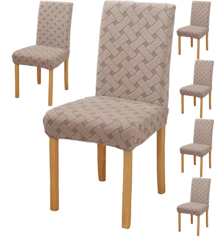 Styleys Elastic Chair Cover Stretch Removable Washable Short Jacquard Dining Chair Cover Protector Seat Slipcover Pack of 6 Taupe JCMC26 - Image 1