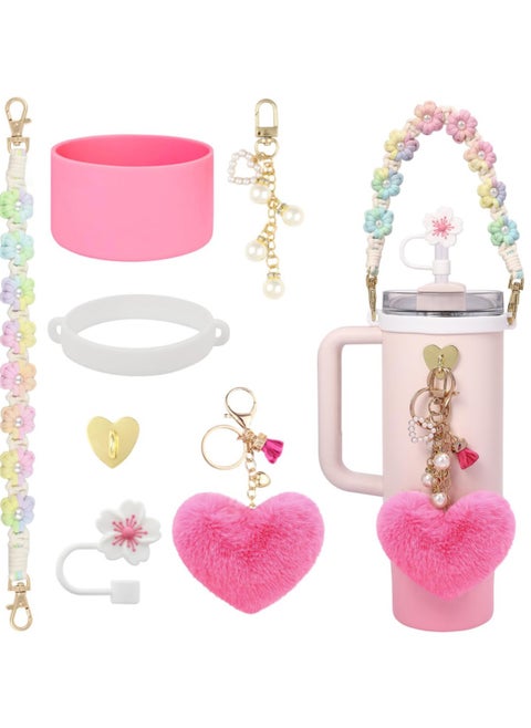 7 Pcs Water Bottle Accessories Set for Stanley Cup 30oz & 40oz Tumblers Includes Handle Strap, Silicone Boot, Straw Cover Cap, and Pearl Keychain Charms