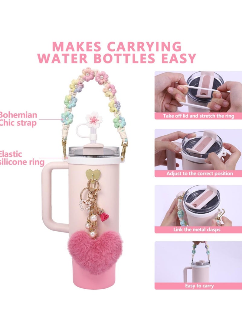 7 Pcs Water Bottle Accessories Set for Stanley Cup 30oz & 40oz Tumblers Includes Handle Strap, Silicone Boot, Straw Cover Cap, and Pearl Keychain Charms
