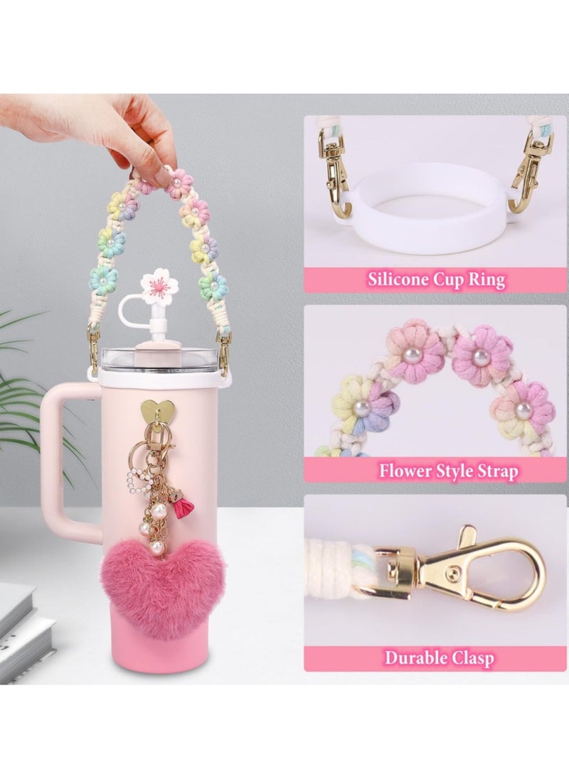7 Pcs Water Bottle Accessories Set for Stanley Cup 30oz & 40oz Tumblers Includes Handle Strap, Silicone Boot, Straw Cover Cap, and Pearl Keychain Charms