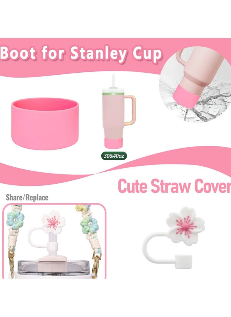 7 Pcs Water Bottle Accessories Set for Stanley Cup 30oz & 40oz Tumblers Includes Handle Strap, Silicone Boot, Straw Cover Cap, and Pearl Keychain Charms