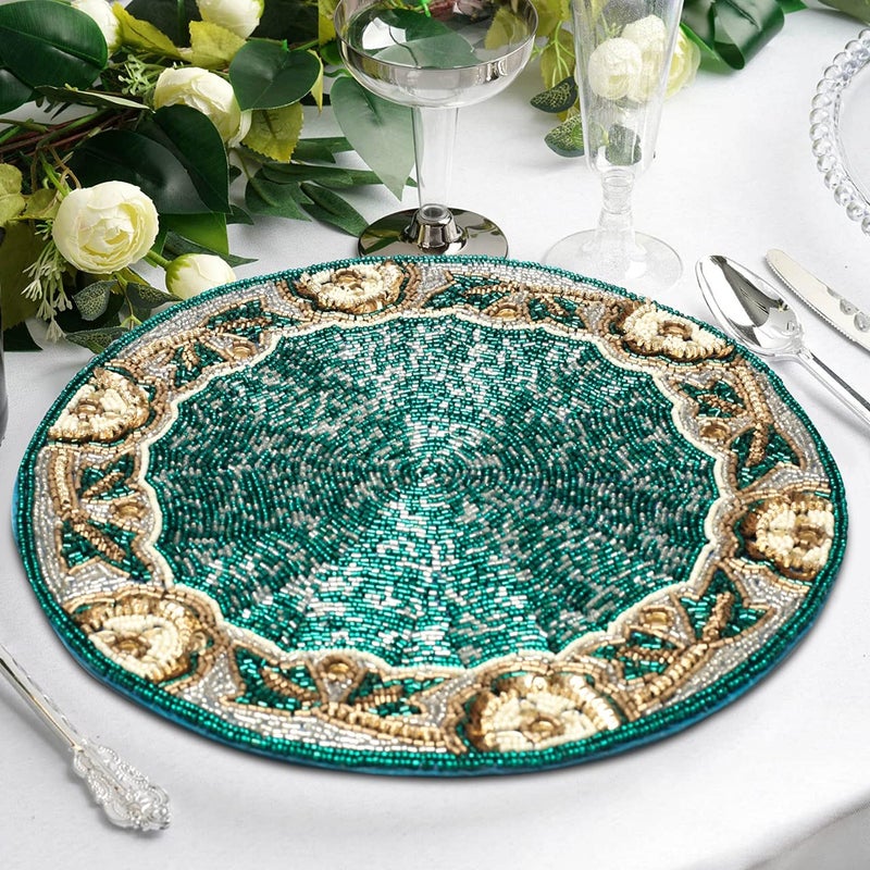 Bedding Craft Beaded Placemats,Beaded Placemats Round Teal Silver White Gold 13"Round,Placemats For Dining Table,Beaded Placemats, Beaded Charger Placemats,Holiday & Christmas Beaded Placemats,Beaded Glitz Charger - Image 4