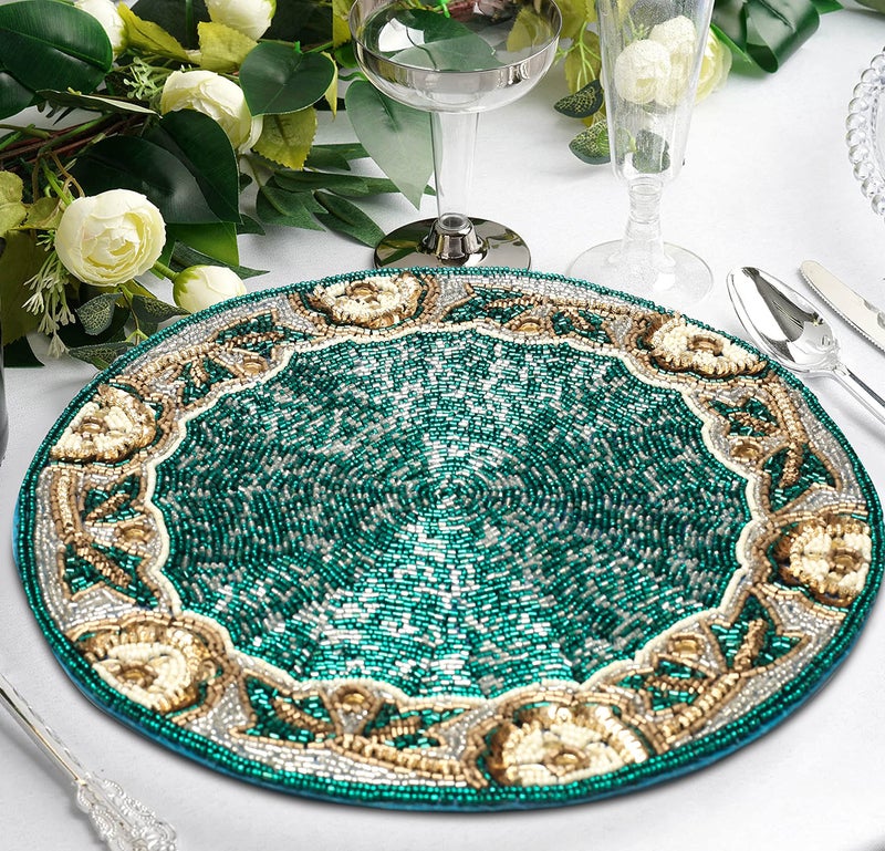 Bedding Craft Beaded Placemats,Beaded Placemats Round Teal Silver White Gold 13"Round,Placemats For Dining Table,Beaded Placemats, Beaded Charger Placemats,Holiday & Christmas Beaded Placemats,Beaded Glitz Charger - Image 1