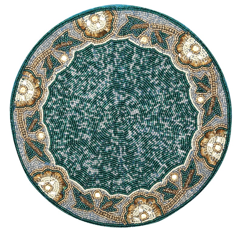 Bedding Craft Beaded Placemats,Beaded Placemats Round Teal Silver White Gold 13"Round,Placemats For Dining Table,Beaded Placemats, Beaded Charger Placemats,Holiday & Christmas Beaded Placemats,Beaded Glitz Charger - Image 2