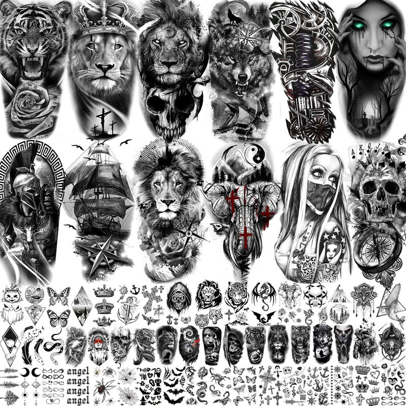 Bilizar 63 Sheets Tribal Wolf Lion Tiger Temporary Tattoos For Men Women Adults Scary Halloween Skull Gangster Fake Tattoo Stickers Kids Small 3D Realistic Tattoos Thigh Arm Neck Elephant Warrior