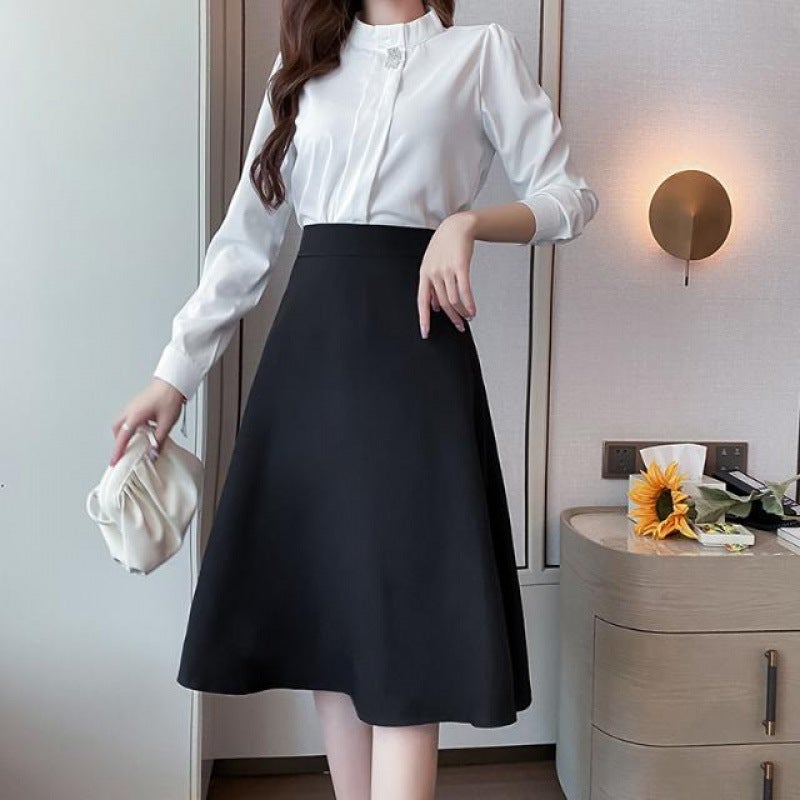 Suit Skirt For Small People, Summer Mid-Length A-Line Skirt, High-Waisted Pleated Skirt, Cross-Covering Umbrella Skirt, Black Skirt - Image 4