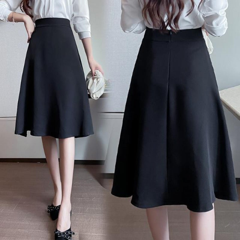 Suit Skirt For Small People, Summer Mid-Length A-Line Skirt, High-Waisted Pleated Skirt, Cross-Covering Umbrella Skirt, Black Skirt - Image 3