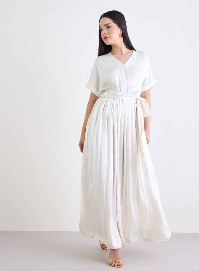 Styli Cream V-Neck Wrap Maxi Dress - Image 2