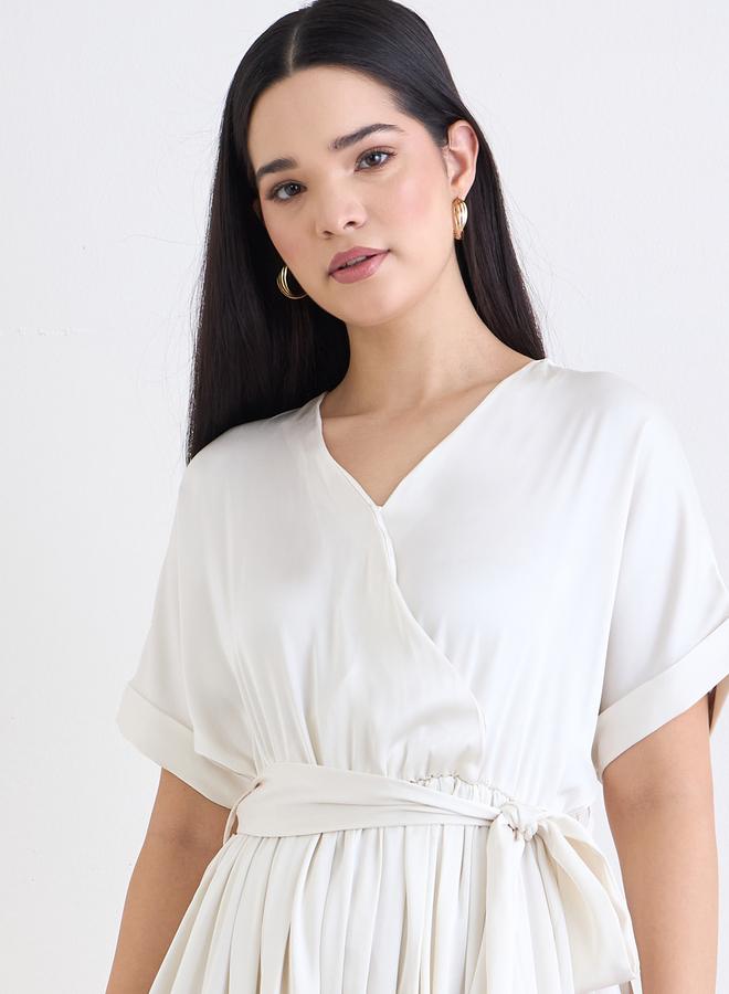 Styli Cream V-Neck Wrap Maxi Dress - Image 3