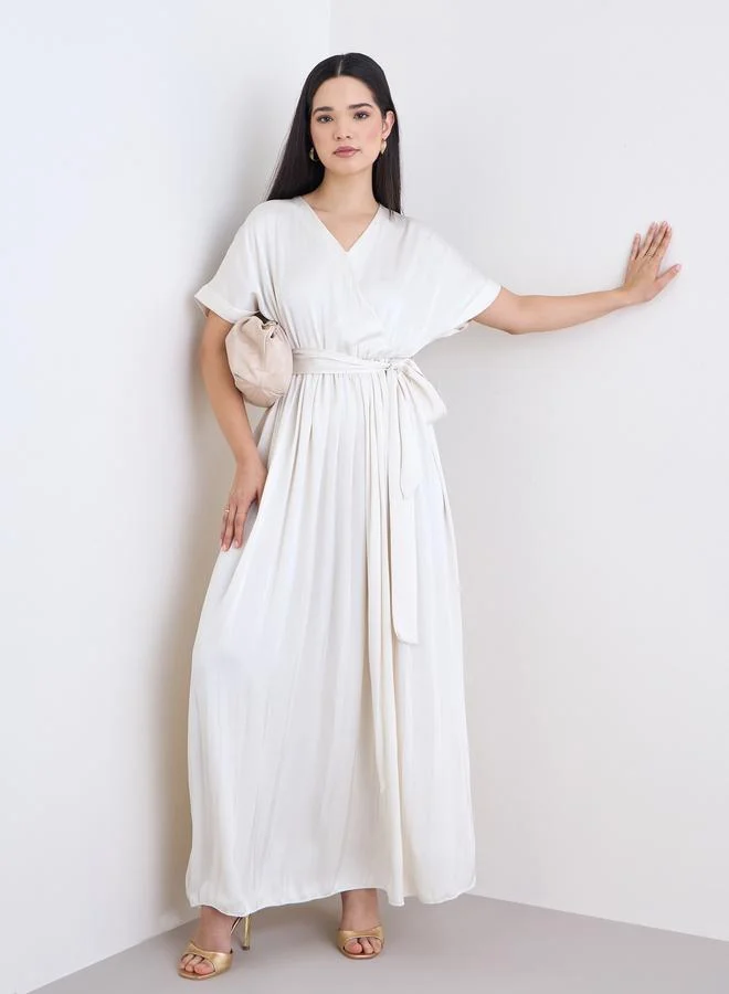 Cream V-Neck Wrap Maxi Dress