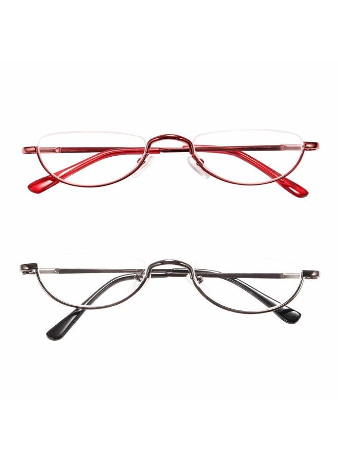 REAVEE Retro Designer Alloy Half Moon Reading Glasses Women 2.5,REAVEE 2-Pack Half Frame Stylish Slim Reader with Pouch, Red and Gun Grey - Image 1
