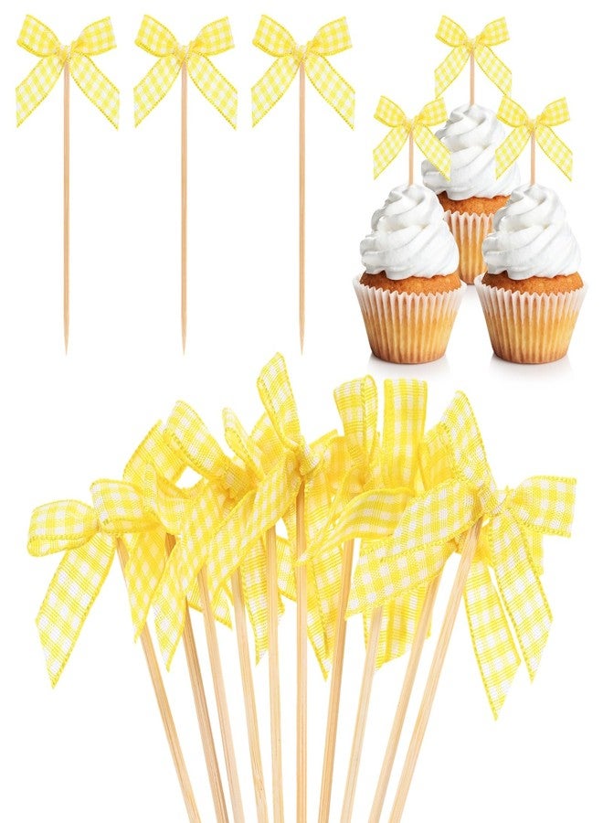 M METERXITY 30-Pack Bow Cupcake Toppers, Ribbon Bow Cake Toppers Plaid Bowknot Cupcake Picks Birthday Cake Decor for Bridal Shower/Wedding/Bachelorette Party/Birthday Decor [Yellow] - Image 1