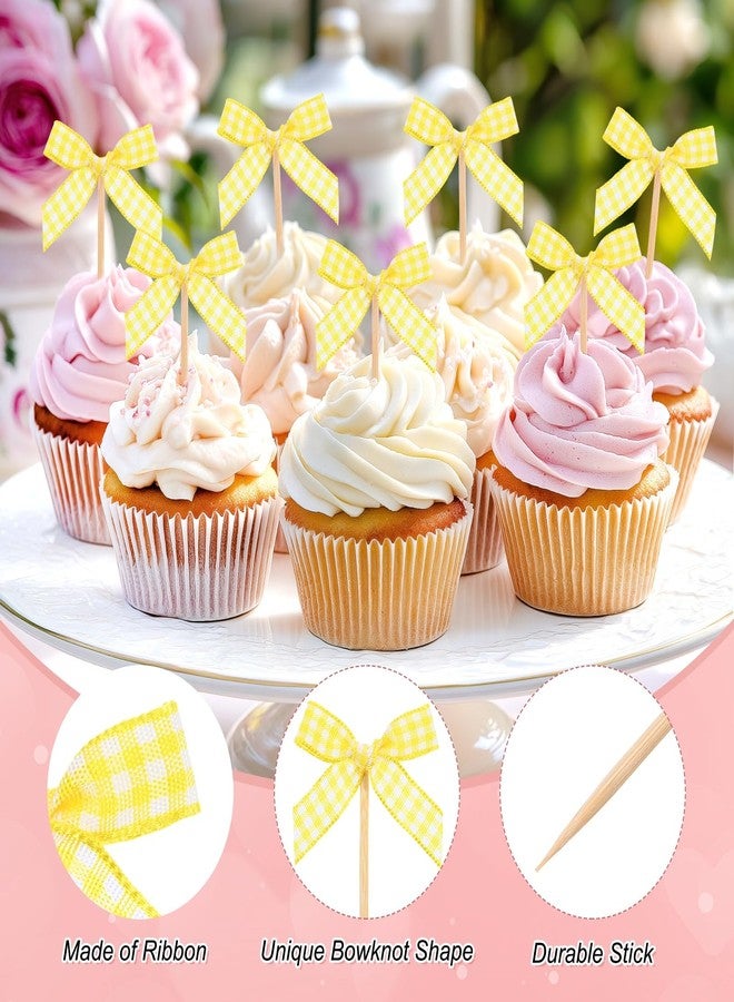 M METERXITY 30-Pack Bow Cupcake Toppers, Ribbon Bow Cake Toppers Plaid Bowknot Cupcake Picks Birthday Cake Decor for Bridal Shower/Wedding/Bachelorette Party/Birthday Decor [Yellow] - Image 2