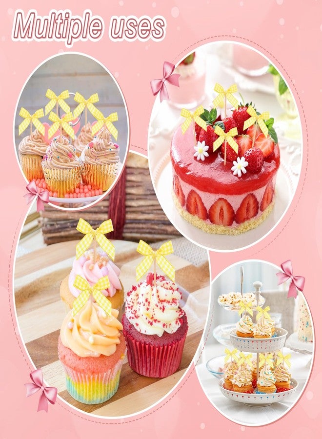 M METERXITY 30-Pack Bow Cupcake Toppers, Ribbon Bow Cake Toppers Plaid Bowknot Cupcake Picks Birthday Cake Decor for Bridal Shower/Wedding/Bachelorette Party/Birthday Decor [Yellow] - Image 5