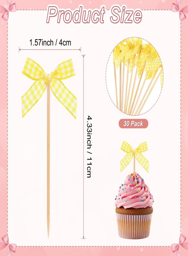 M METERXITY 30-Pack Bow Cupcake Toppers, Ribbon Bow Cake Toppers Plaid Bowknot Cupcake Picks Birthday Cake Decor for Bridal Shower/Wedding/Bachelorette Party/Birthday Decor [Yellow] - Image 3