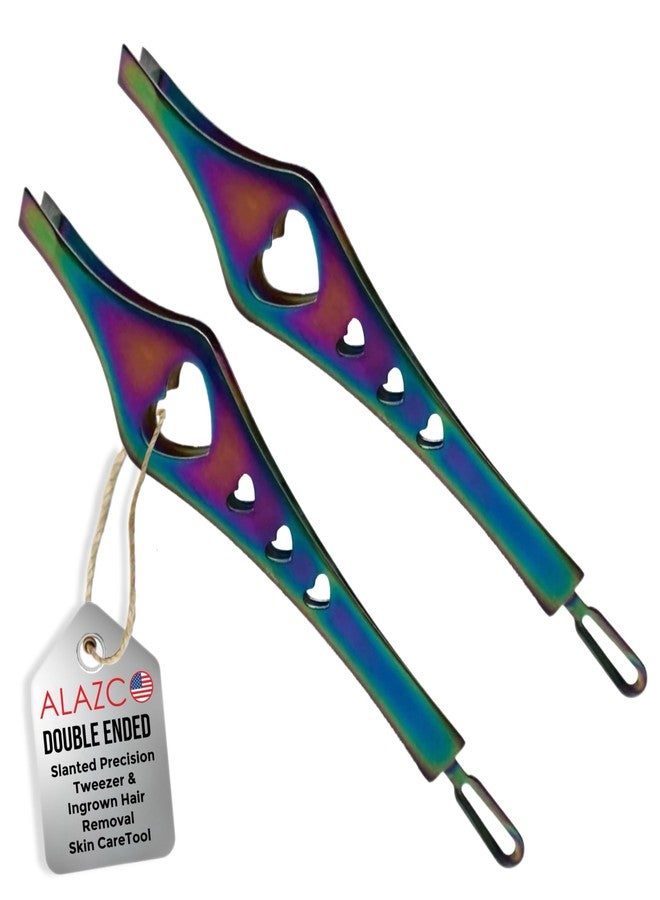 ALAZCO 2 in 1 Rainbow Double Ended Tweezers Sharp Slant Precision Tweezer for Eyebrows & Ingrown Hair Removal Skin Care Tool Blackhead Pimple Comedone Remover (2pc) - Image 1