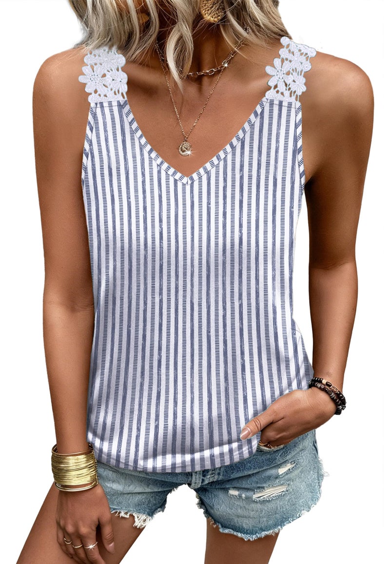 Sipaya Summer Tops for Women 2026 Lace Tank Top Loose Fit Sleeveless Shirts Beachion Vacation Clothes Womens Blouses Flowy Grey Stripe L - Image 3