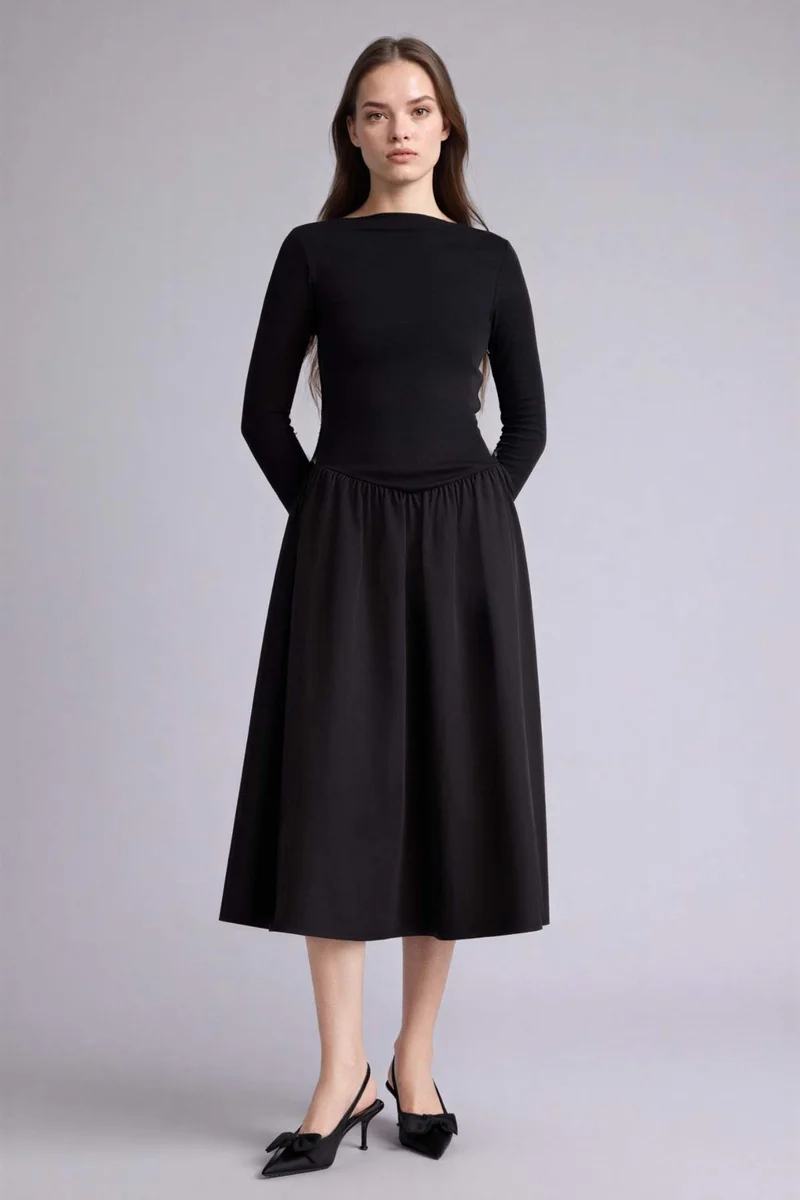 ديفاكتو Boat Collar Poplin Midi Dress