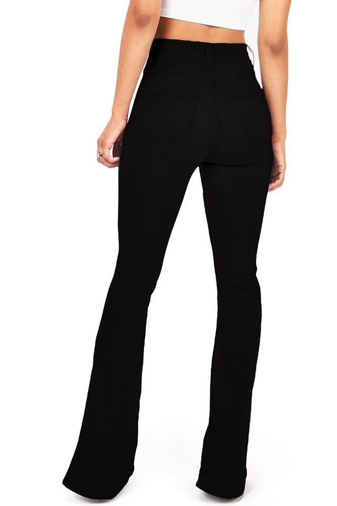 Vibrant Women's Juniors Bell Bottom High Waist Fitted Denim Jeans,Jet Black Denim,11 - Image 2