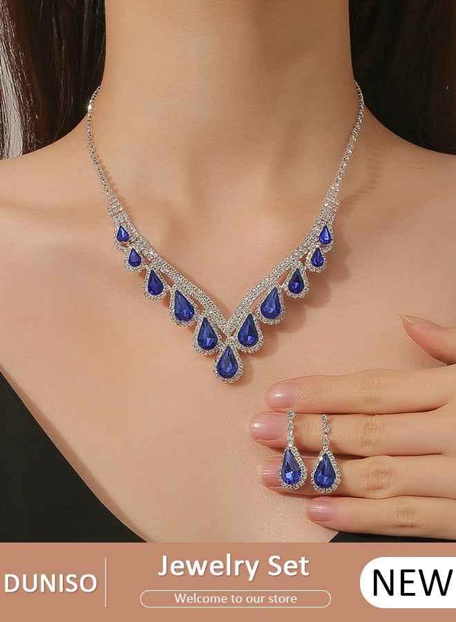 DUNISO 2pieces Jewelry Set With Necklace and Earring V Neck Crystal Bridal Wedding Jewelry Set Bridesmaid Party Choker Necklace Water Drop Pendant Earrings Sets for Women and Girls - Image 1