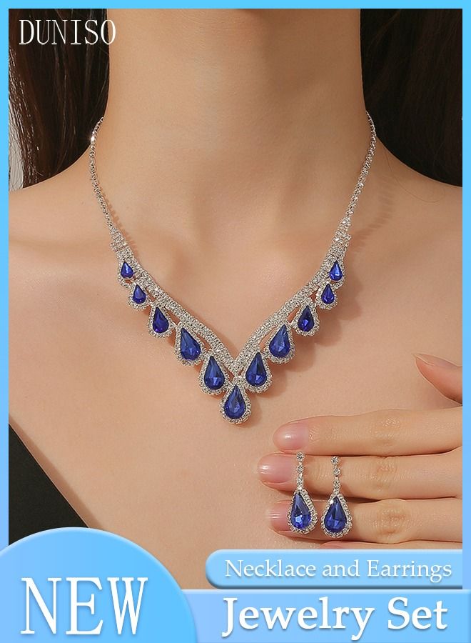 DUNISO 2pieces Jewelry Set With Necklace and Earring V Neck Crystal Bridal Wedding Jewelry Set Bridesmaid Party Choker Necklace Water Drop Pendant Earrings Sets for Women and Girls  - Image 1