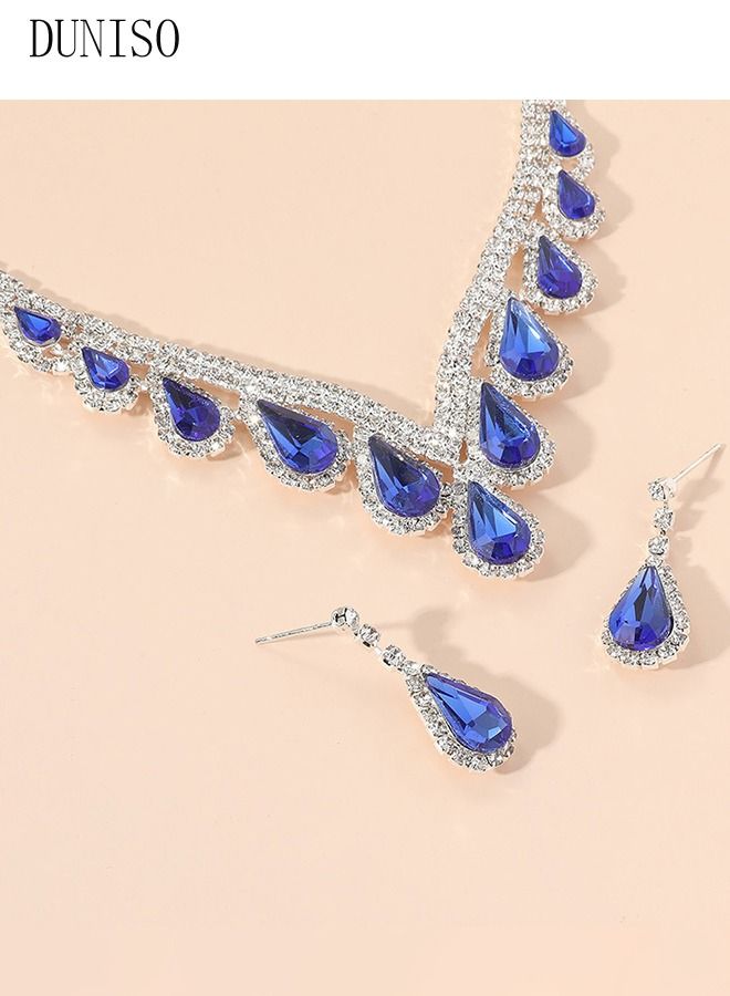 DUNISO 2pieces Jewelry Set With Necklace and Earring V Neck Crystal Bridal Wedding Jewelry Set Bridesmaid Party Choker Necklace Water Drop Pendant Earrings Sets for Women and Girls  - Image 3