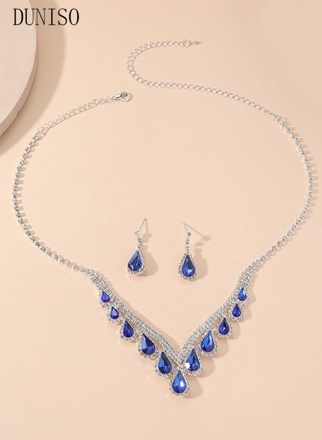 DUNISO 2pieces Jewelry Set With Necklace and Earring V Neck Crystal Bridal Wedding Jewelry Set Bridesmaid Party Choker Necklace Water Drop Pendant Earrings Sets for Women and Girls  - Image 2