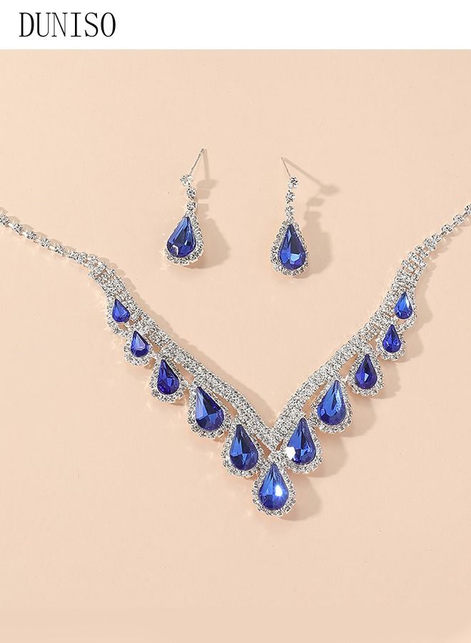 DUNISO 2pieces Jewelry Set With Necklace and Earring V Neck Crystal Bridal Wedding Jewelry Set Bridesmaid Party Choker Necklace Water Drop Pendant Earrings Sets for Women and Girls  - Image 5