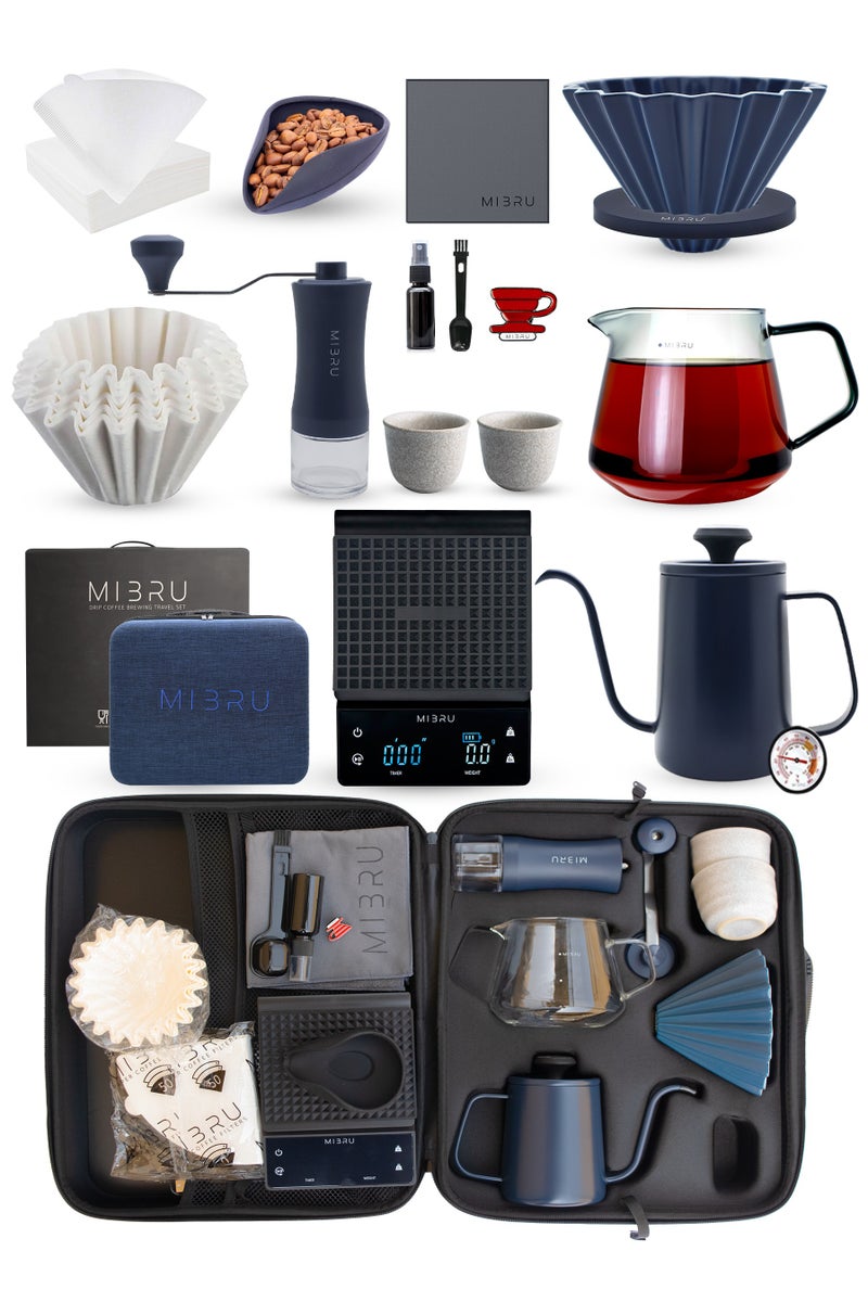 MIBRU V60 Pour Over Premium Drip Coffee Maker Kit,14-piece Drip Coffee Maker with a dedicated coffee bag Blue, built-in coffee pot, thermometer, coffee bean weighing tray, electric coffee bean grinder, coffee bean spray bottle, coffee spoon, V60 paper coffee filter, zigzag drip filter, coffee sharing pot, hand-held slim-neck coffee pot, dripper nozzle, specialty coffee kit, specialty coffee tools, coffee machine, coffee mug, coffee cleaning kit, pour-over coffee maker accessories.  - Image 1