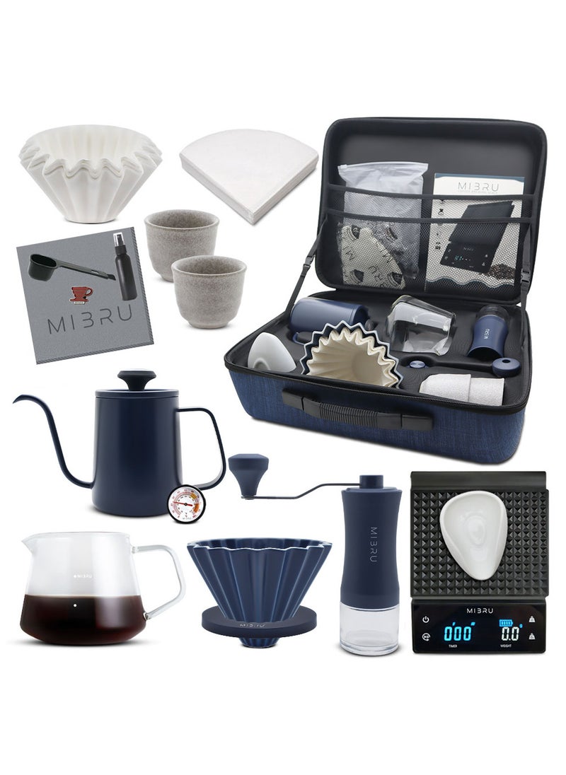 MIBRU - V60 Pour Over Premium Drip Coffee Maker Kit,14-piece Drip Coffee Maker with a dedicated coffee bag Blue, built-in coffee pot, thermometer, coffee bean weighing tray, electric coffee bean grinder, coffee bean spray bottle, coffee spoon, V60 paper coffee filter, zigzag drip filter, coffee sharing pot, hand-held slim-neck coffee pot, dripper nozzle, specialty coffee kit, specialty coffee tools, coffee machine, coffee mug, coffee cleaning kit, pour-over coffee maker accessories. - Image 1