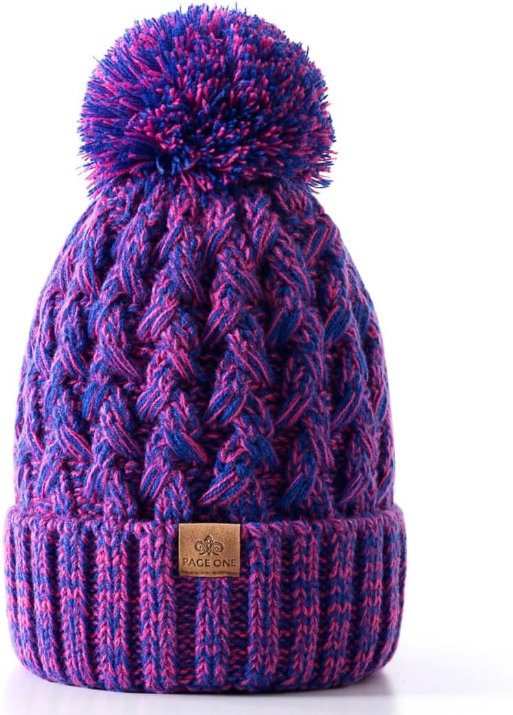 PAGE ONE Womens Winter Ribbed Beanie Crossed Cap Chunky Cable Knit Pompom Soft Warm Hat - Image 1
