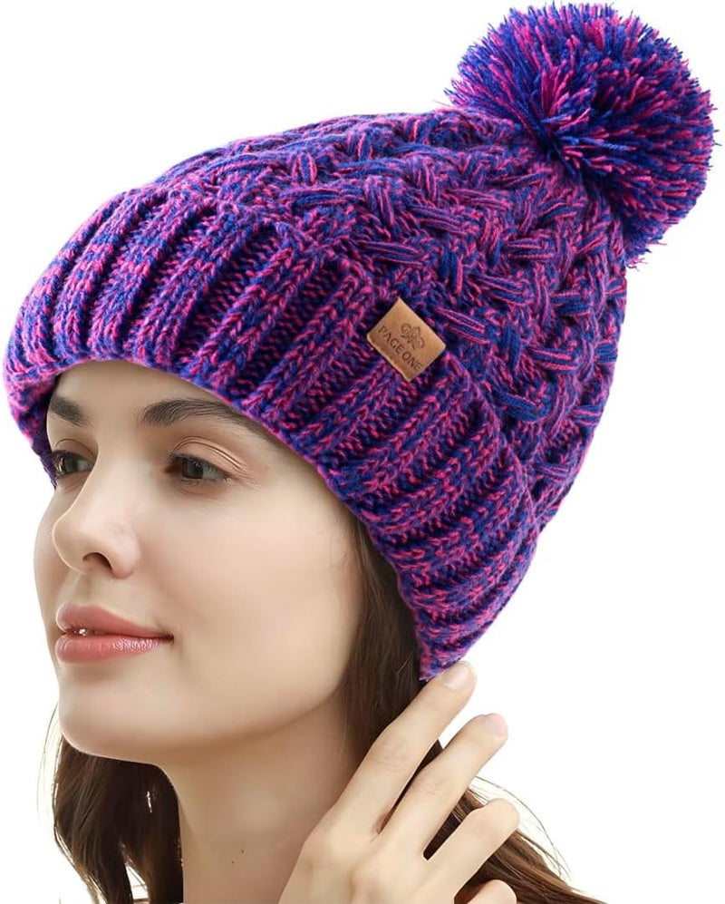 PAGE ONE Womens Winter Ribbed Beanie Crossed Cap Chunky Cable Knit Pompom Soft Warm Hat - Image 2