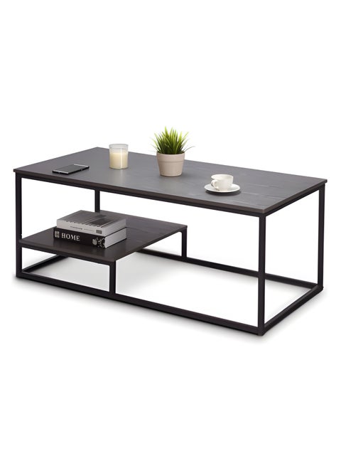 Rectangular coffee table with metal frame and lower shelf
