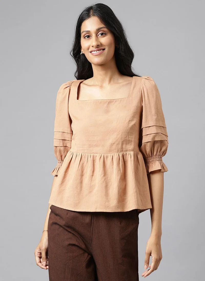 Fabindia Beige Cotton Linen Squire Neck Top