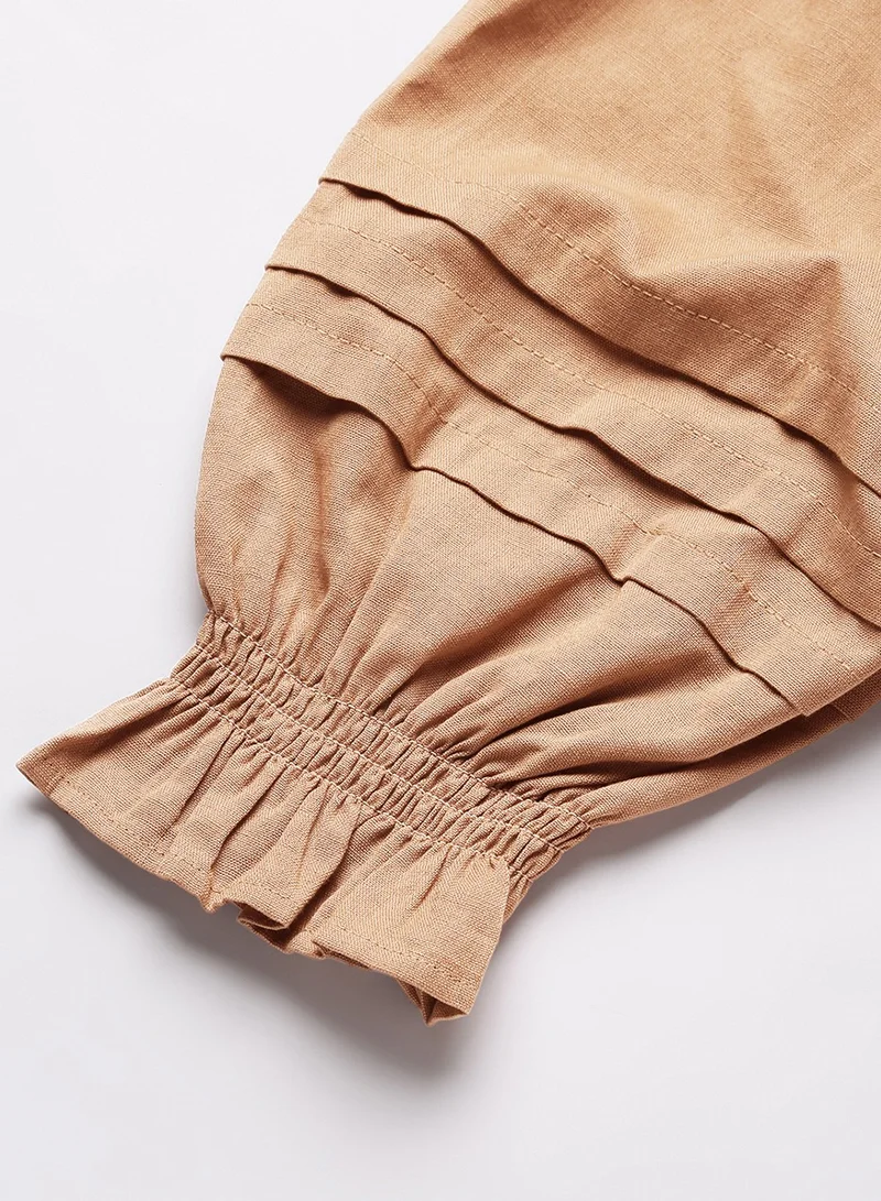 فاب انديا Beige Cotton Linen Squire Neck Top